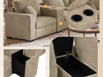 Modular 5 Seat U-Shape Sectional Sofa With Chaise Lounge, Built In Cup Holders And Storage Drawer
