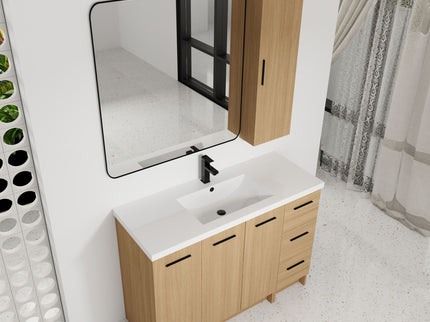 Freestanding Bathroom Vanity Set With Tall Side Cabinet, 3 Drawers And 3 Door Cabinet, Integrated Sink, Large Storage - Glossy White / Light Oak