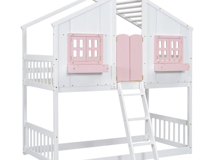 House Bunk Bed With Roof, Window, Window Box, Door, With Safety Guardrails And Ladder