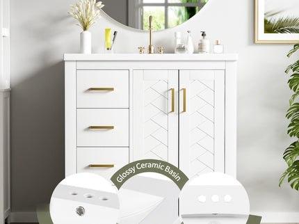 Ceramic Sink Combo, Freestanding Vanity Set With 3 Drawers & Soft Closing Doors