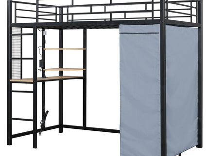 Loft Bed With Desk, Shelves, Power Outlet, LED Light And Wardrobe