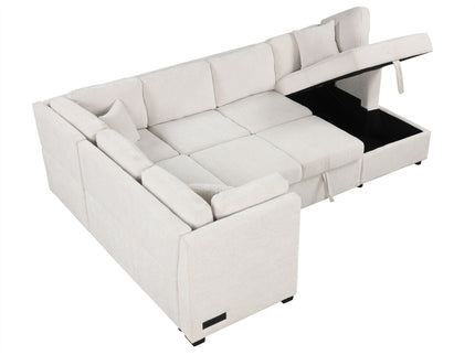 U-Shaped Sectional Sofa Pull Out Sofa Bed With Two USB Ports, Two Power Sockets, Three Back Pillows And A Storage Chaise For Living Room
