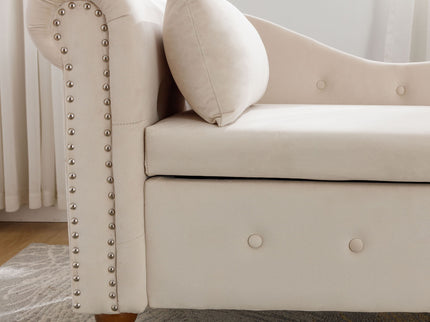 Chaise Lounge Indoor, Lounge Chair For Bedroom With Storage & Pillow, Modern Upholstered Rolled Arm Chase Lounge For Sleeping With Nailhead Trim For Living Room Bedroom Office