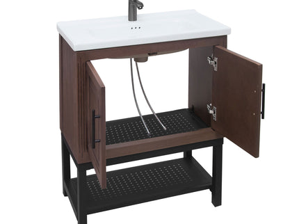 Modern Freestanding Bathroom Vanity With Ceramic Sink, Hot And Cold Faucet, Storage Cabinet & Open Shelf