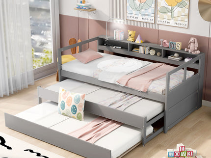 Daybed With 2 Trundles, 3 Storage Cubbies, Built In USB Charging Light