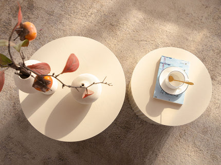 Drum Nesting Coffee Table With Wave Stripe Design For Living Room (Set of 2) - Beige / White