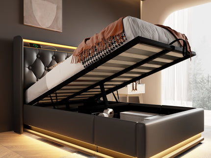 Upholstered Bed, 360 Surround LED Function, Remote Control, Hydraulic Storage Bed With USB, Type-C Charging (Without Mattress)