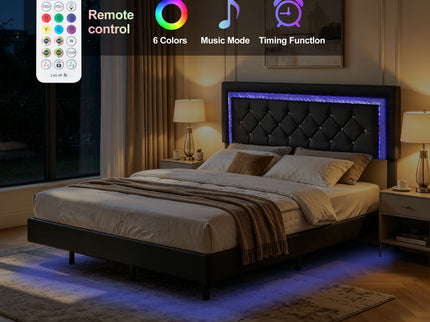 Platform Bed Frame With Adjustable Upholstered Headboard, RGB LED Lights, No Box Spring Needed