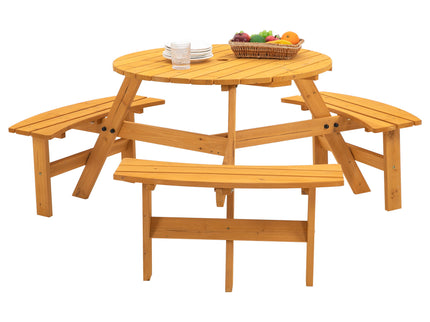 6 Person Circular Outdoor Wooden Picnic Table For Patio, Backyard, Garden, Diy With 3 Built-In Benches, 1720Lb Capacity