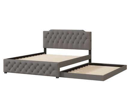 Upholstered Platform Bed With Trundle And 2 Sets Of USB Ports On Each Side, Fabric