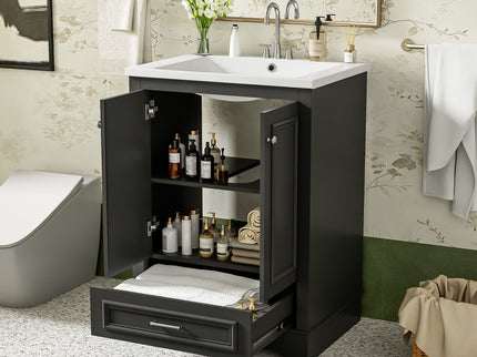 Bathroom Vanity With Ceramic Sink Combo, Modern Freestanding Storage Cabinet With Silver Handles