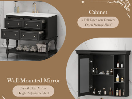 Bathroom Vanity With Medicine Cabinet, Storage Cabinet With 4 Drawers, Adjustable Shelf Mirror