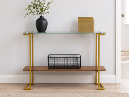 Console Table With Shelf, 2 Tier Living Room - Gold / Walnut