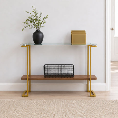 Console Table With Shelf, 2 Tier Living Room - Gold / Walnut