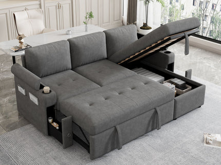 Convertible L Shaped Sofa Couch With Storage, Cup Holders, USB Ports