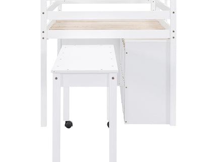 Loft Bed With Retractable Writing Desk And 4 Drawers, With Lateral Portable Desk And Shelves