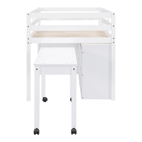 Loft Bed With Retractable Writing Desk And 4 Drawers, With Lateral Portable Desk And Shelves