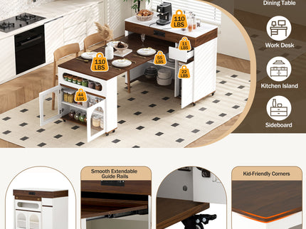 Extendable Dining Table With Folding Top, Rolling Kitchen Island With Drawers And Power Outlet