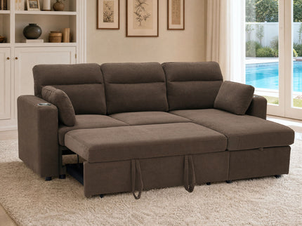 Convertible L - Shaped Sectional Sofa Bed With Storage Chaise, Cup Holders