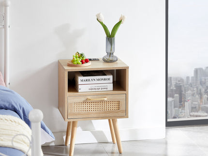 15.75" Rattan End Table With Power Outlet & USB Ports, Modern Nightstand With Drawer And Solid Wood Legs, Side Table For Living Room, Bedroom