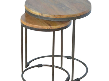 Round Stool Table With Iron Base (Set of 2) - Brown / Black