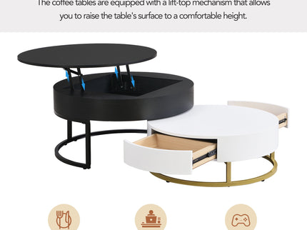 Modern Round Lift-Top Nesting Coffee Tables With 2 Drawers
