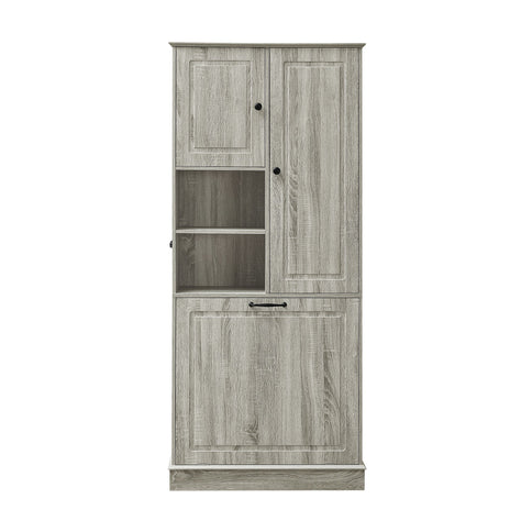 Modern Tall Storage Cabinet With Adjustable Shelves, Flip-Out Basket & Enclosed Doors