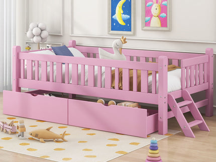 Platform Bed With Guardrail And 2 Drawers