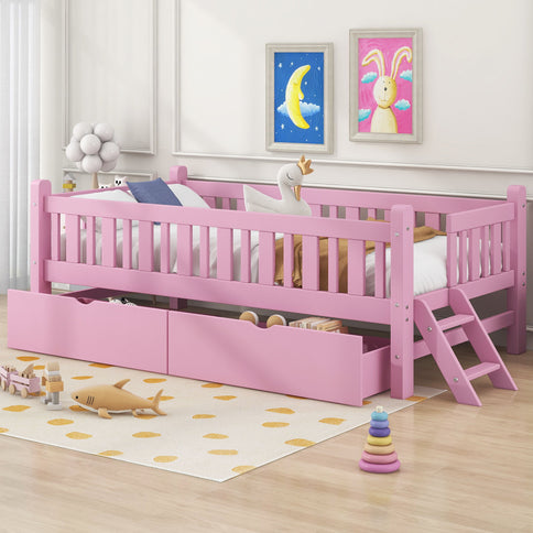 Platform Bed With Guardrail And 2 Drawers