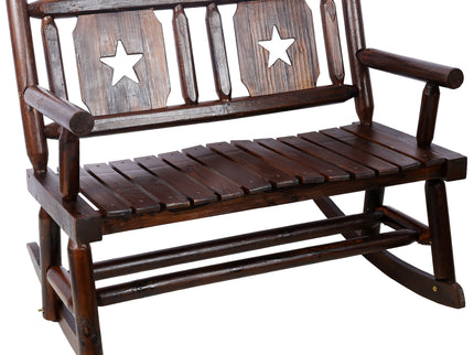 Rustic Outdoor Wood Rocking Bench Double Rocking Chair For 2 Persons With Curved Seat, Porch Rocker - Brown