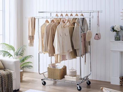 Heavy Duty Double Clothing Garment Rack With Shelves - Silver