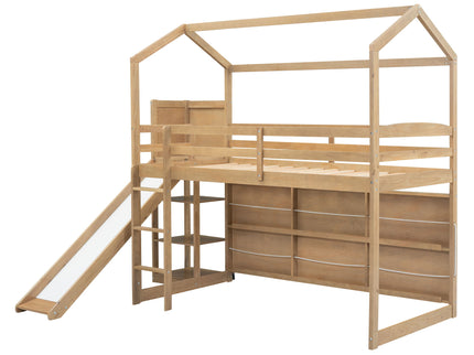 House Loft Bed With Slide, Storage Shelves And Light, Climbing Ramp