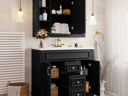 Bathroom Vanity With Top Sink, Mirror Cabinet, 2 Soft Closing Doors & 2 Drawers