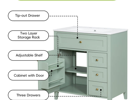 Bathroom Vanity With Sink, 3 Drawers And Adjustable Shelf