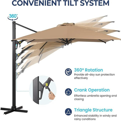 Round Cantilever Patio Umbrella With 360 Rotation & Infinite Tilt Adjustment