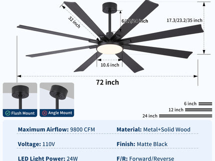 Large Ceiling Fan With Dimmable LED Light 8 Blades Remote Control, Reversible DC Motor