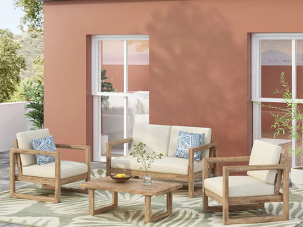 4 Pieces Acacia Wood Patio Furniture Set, Outdoor Furniture With Coffee Table, Patio Conversation Set Deep Seating With Soft Cushion, Porch Chairs For Backyard Porch Balcony - Brown Wash / Beige