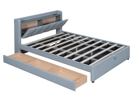 Upholstered Mother & Child Bed With Hydraulic Storage System, Drawer Box, Bedhead Storage Shelf And 2 Pairs Of Sockets & USB Ports