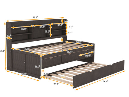 Captain Bed With Built In Bookshelves, 3 Storage Drawers, And Trundle