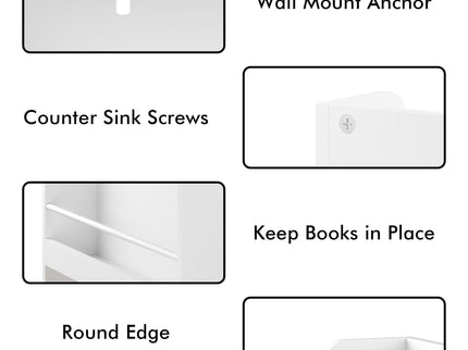 Wall Mounted Bookshelf, 3 Front Facing Display Shelves For Toddler Bedroom - White
