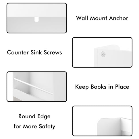 Wall Mounted Bookshelf, 3 Front Facing Display Shelves For Toddler Bedroom - White