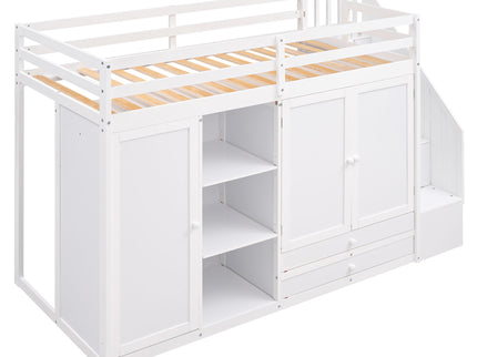 Loft Bed With 3 Shelves, 2 Wardrobes, 2 Drawers, Ladder Storage