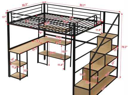 Full Size Loft Bed With Staircase, Built In Desk And Shelves And Sleeping Surface - Black