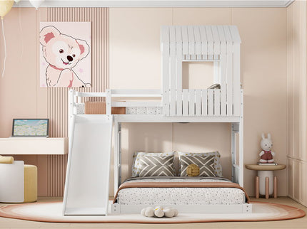 Loft Bunk Bed With Playhouse, Farmhouse, Ladder, Slide And Guardrails