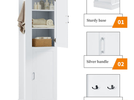 Tall Freestanding Bathroom Storage Cabinet With Adjustable Shelves And Side Hooks