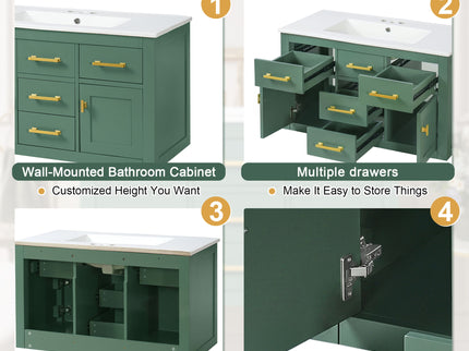 Wall Mounted Bathroom Cabinet With Sink, Multiple Drawers And Doors - Green