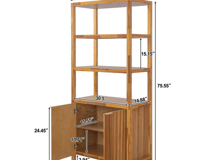 Tall Storage Bookcase Cabinet With 2 Open Shelves & Double Doors, Freestanding Shelving Unit - Natural
