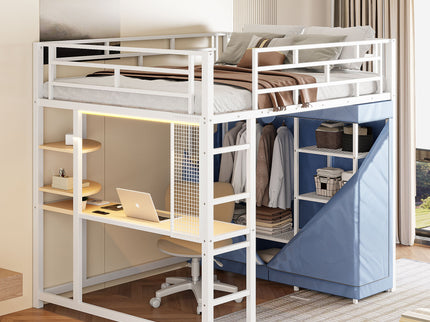Loft Bed With Desk, Shelves, Power Outlet, LED Light And Wardrobe