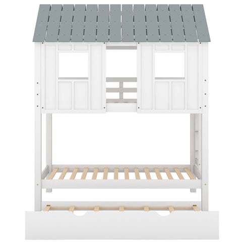 Twin Size House Bunk Bed With Trundle, Roof And Windows - White / Gray