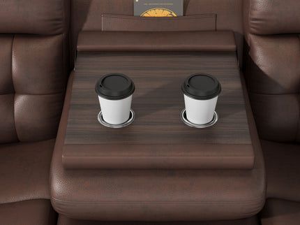 Genuine Non Power Reclining Sofa With Drop Down Table, Stainless Steel Cupholders And Magazine Bag